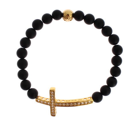 Nialaya Chic Matte Onyx Bead & CZ Diamond Cross Bracelet - Retail Flare