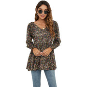 Long Puff Sleeve Tops Women Flowers Print Casual V - Neck Blouse T-Shirts Babydoll Tops
