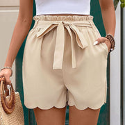 Lace - up Scalloped Solid Color Shorts For Women