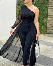 Women’s Long Sleeve Mesh Jumpsuit – Elegant Patchwork Design Jumpsuits