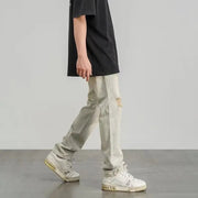 Ripped Jeans Men's Thin Yellow Mud Color Wide Leg