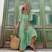 Summer Women's Vintage Printed Bohemian Dress Elegant Ladies Casual Loose V - Neck Short Sleeve Long Dresses