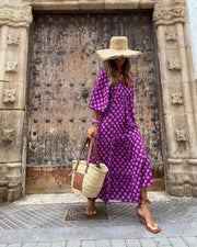 Summer Women's Vintage Printed Bohemian Dress Elegant Ladies Casual Loose V - Neck Short Sleeve Long Dresses