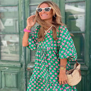 Summer Women's Vintage Printed Bohemian Dress Elegant Ladies Casual Loose V - Neck Short Sleeve Long Dresses