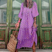 Summer Women's Vintage Printed Bohemian Dress Elegant Ladies Casual Loose V - Neck Short Sleeve Long Dresses