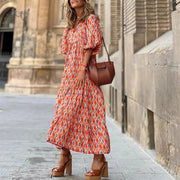 Summer Women's Vintage Printed Bohemian Dress Elegant Ladies Casual Loose V - Neck Short Sleeve Long Dresses