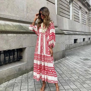 Summer Women's Vintage Printed Bohemian Dress Elegant Ladies Casual Loose V - Neck Short Sleeve Long Dresses