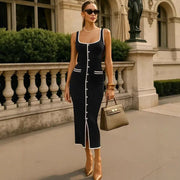 Vest - style Dress Contrast Color Single Row Multi - buckle Slit Long Knitted Dress