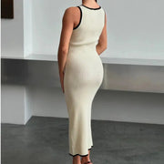 Vest - style Dress Contrast Color Single Row Multi - buckle Slit Long Knitted Dress