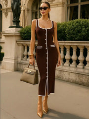 Vest - style Dress Contrast Color Single Row Multi - buckle Slit Long Knitted Dress