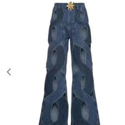 Women's Streetwear Cutout Flare Jeans – Hollow Out Criss Cross High Waist Denim Pants