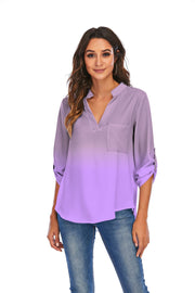Print Gradient Blouses Women V - Neck Pockets Loose Shirts
