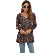 Long Puff Sleeve Tops Women Flowers Print Casual V - Neck Blouse T-Shirts Babydoll Tops