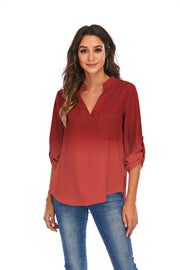 Print Gradient Blouses Women V - Neck Pockets Loose Shirts