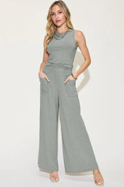 Basic Full Size Ribbed Tank and Wide Leg Pants Set | Retail Flare
