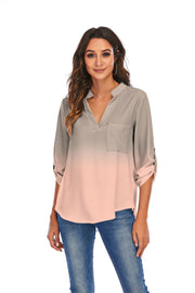 Print Gradient Blouses Women V - Neck Pockets Loose Shirts