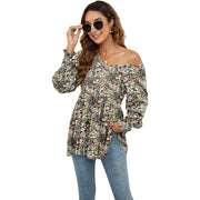 Long Puff Sleeve Tops Women Flowers Print Casual V - Neck Blouse T-Shirts Babydoll Tops