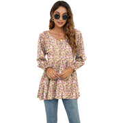 Long Puff Sleeve Tops Women Flowers Print Casual V - Neck Blouse T-Shirts Babydoll Tops