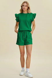 Double Take Full Size Texture Round Neck Ruffle Sleeve Top and Shorts Set