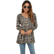 Long Puff Sleeve Tops Women Flowers Print Casual V - Neck Blouse T-Shirts Babydoll Tops