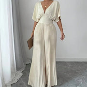 Beige Fashion Elegant Jumpsuit – V-neck maxi one-piece with short sleeves