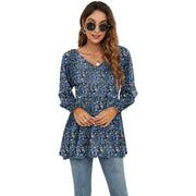 Long Puff Sleeve Tops Women Flowers Print Casual V - Neck Blouse T-Shirts Babydoll Tops