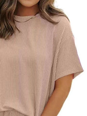 Full Size Ribbed Short Sleeve Top and Shorts Two - Piece Set Plus Size