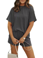 Full Size Ribbed Short Sleeve Top and Shorts Two - Piece Set Plus Size