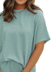 Full Size Ribbed Short Sleeve Top and Shorts Two - Piece Set Plus Size