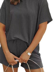 Full Size Ribbed Short Sleeve Top and Shorts Two - Piece Set Plus Size