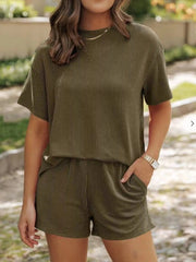 Full Size Ribbed Short Sleeve Top and Shorts Two - Piece Set Plus Size