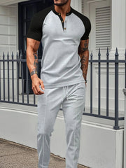 Men's Full Size Waffle - Knit Contrast Top and Drawstring Pants Set Plus Size