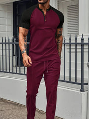 Men's Full Size Waffle - Knit Contrast Top and Drawstring Pants Set Plus Size