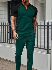 Men's Full Size Waffle - Knit Contrast Top and Drawstring Pants Set Plus Size