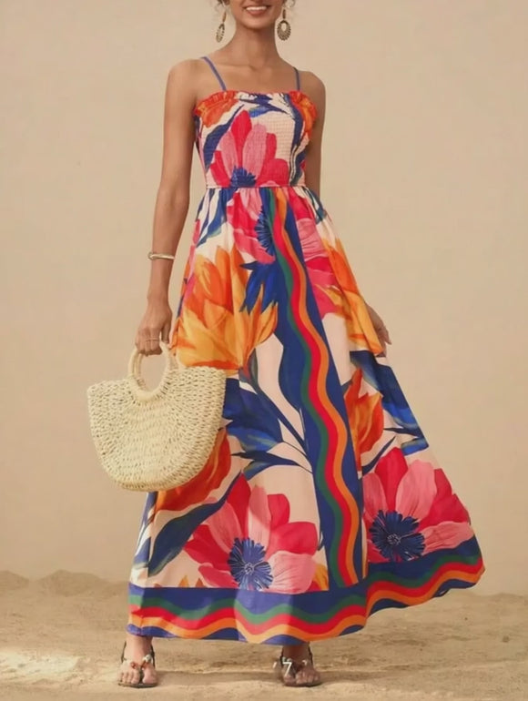 Smocked Printed Spaghetti Strap Maxi Summer Dress | Boho Flowy Beachwear for Women