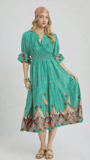 Printed Smocked Waist Flounce Sleeve Midi Dress