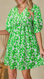 Printed Puff Half Sleeve V Neck Babydoll Dress