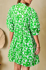 Printed Puff Half Sleeve V Neck Babydoll Dress