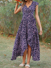 Printed Surplice Ruffle Sleeve Dress