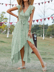 Printed Surplice Ruffle Sleeve Dress