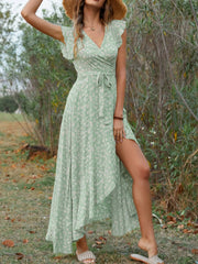 Printed Surplice Ruffle Sleeve Dress