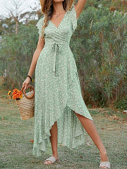 Printed Surplice Ruffle Sleeve Dress