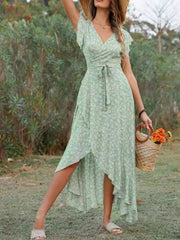 Printed Surplice Ruffle Sleeve Dress
