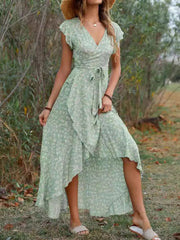 Printed Surplice Ruffle Sleeve Dress