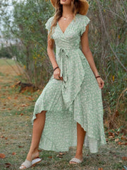 Printed Surplice Ruffle Sleeve Dress