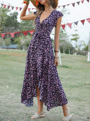 Printed Surplice Ruffle Sleeve Dress