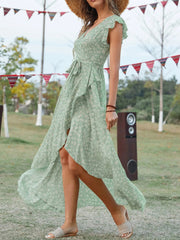 Printed Surplice Ruffle Sleeve Dress