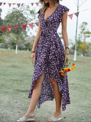 Printed Surplice Ruffle Sleeve Dress
