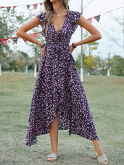 Printed Surplice Ruffle Sleeve Dress