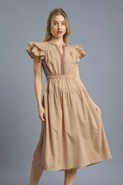 Ruffled Cap Sleeve Midi Dress with Contrast Trim Detail